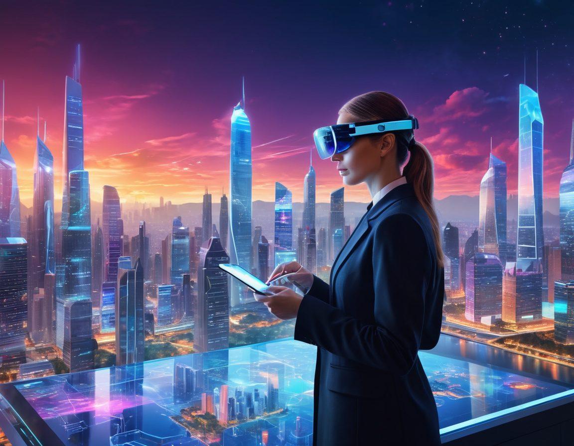 A sleek, modern cityscape with high-rise buildings equipped with smart home technology, a real estate agent using a tablet with holographic property listings, and clients wearing AR glasses. The background features digital interfaces and futuristic icons. vibrant colors. super-realistic. city skyline.